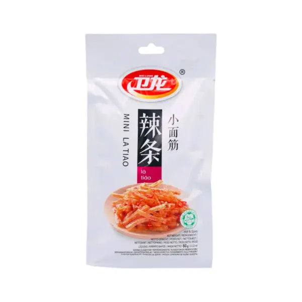WeiLong Mini Latiao Gluten Strips Hot Flavour 60g/ WeiLong Mini Latiao liellopu glutēna strēmeles, asā garša, 60g Wei Long