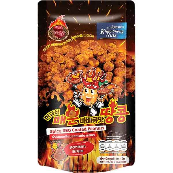 KHAO SHONG Spicy Korean BBQ coated Peanuts 80g/ Zemesrieksti ar pikantu Korejas BBQ garšu, 80 g