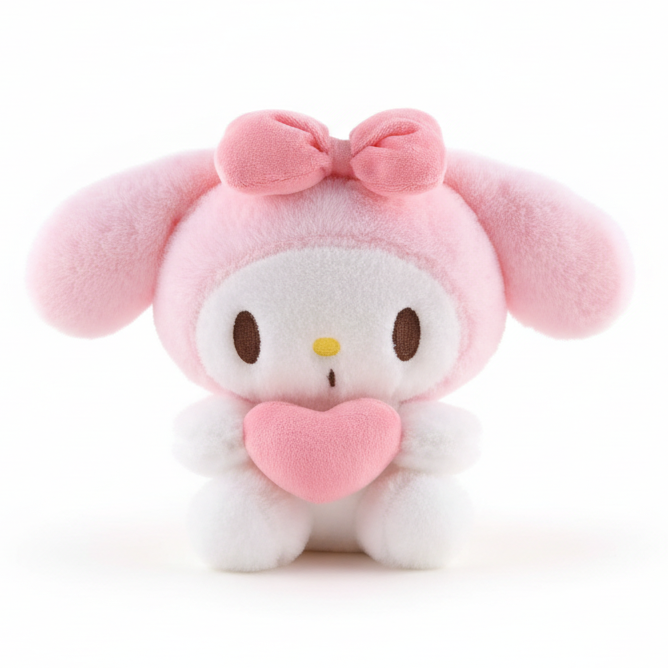 Plush toy with pink bow and heart on a beige background
