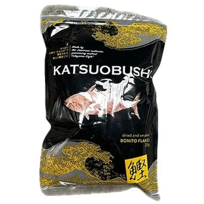Katsuobushi package with black and yellow design on a white background