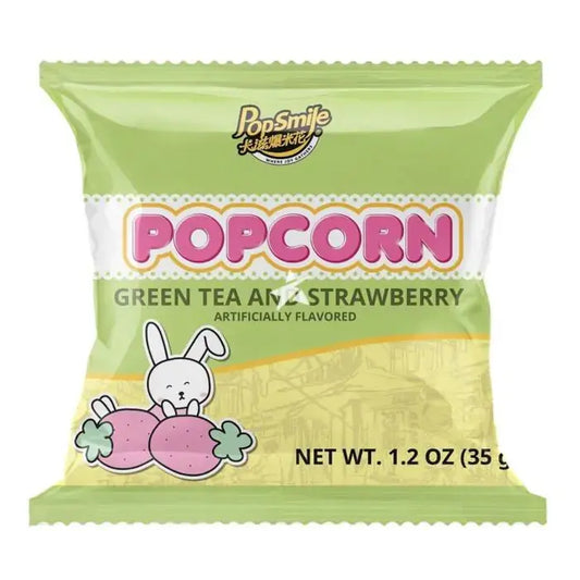 Pop-Smile Popcorn, Green Tea & Strawberry Flavour 35g/ Pop-Smile Popkorns, Zaļās Tējas un Zemeņu Garša 35g - Oishii Asian Mart