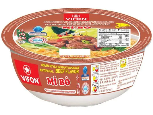 VIFON Bowl Instant Beef Noodle Mi Bo 70g/ VIFON Bļoda ar ātri pagatavojamām liellopa nūdelēm Mi Bo 70g Oishii Asian Mart