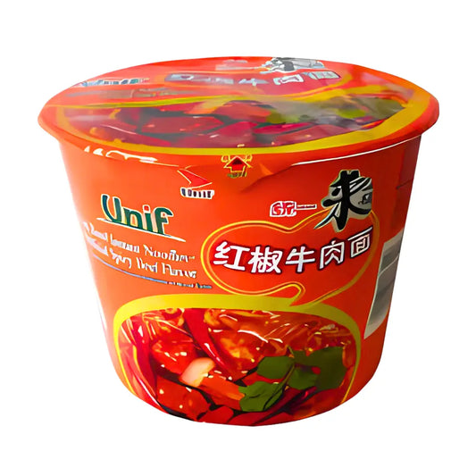 UNIF Instant Cup Noodles Roasted Beef Flavor 110g/ UNIF Ātrās nūdeles krūzītē ar ceptas liellopa gaļas garšu 110g - Oishii Asian Mart
