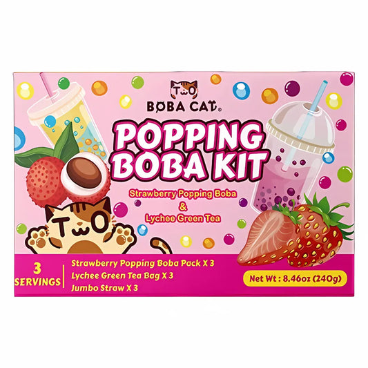 Boba Cat Strawberry and Lychee Green Tea Popping Boba Kit 240g - Oishii Asian Mart