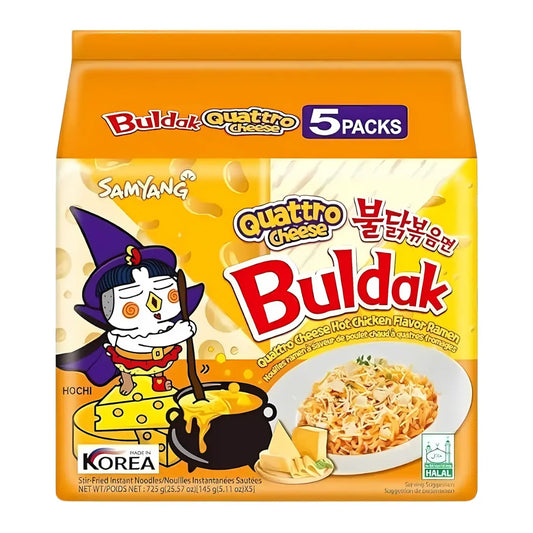 Samyang Buldak Quattro Cheese Hot Chicken Flavor 140g (5x130g)/ Samyang Buldak Kvatro Siera Assas Vistas Garšas Nūdeles 140g  (5x130g) - Oishii Asian Mart