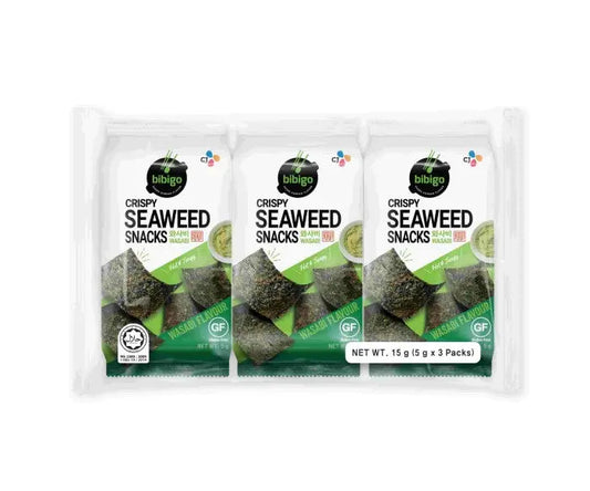 BIBIGO Crispy Seaweed Snacks Wasabi Flavour 15g (5gx3)/ BIBIGO Kraukšķīgās Jūraszāļu Uzkodas Wasabi Garša 15g (5g x 3) - Oishii Asian Mart