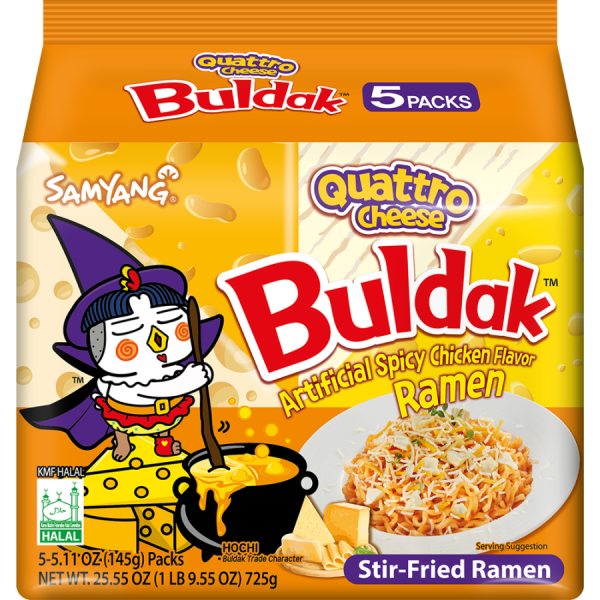 Samyang Buldak Quattro Cheese Hot Chicken Flavor 140g (4x130g)/ Samyang Buldak Kvatro Siera Assas Vistas Garšas Nūdeles 140g  (4x130g)