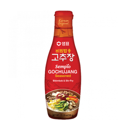 Bottle of Sempio Gochujang on a white background