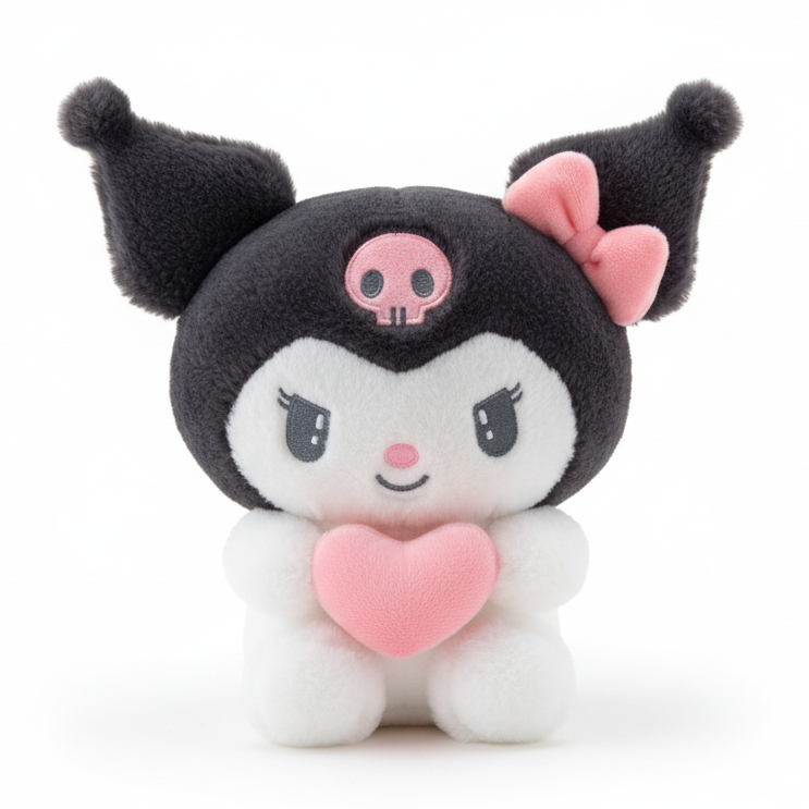 Plush toy with skull design and pink heart on a beige background