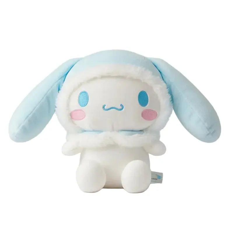 Cute plush toy with blue ears and a white face on a light gray background