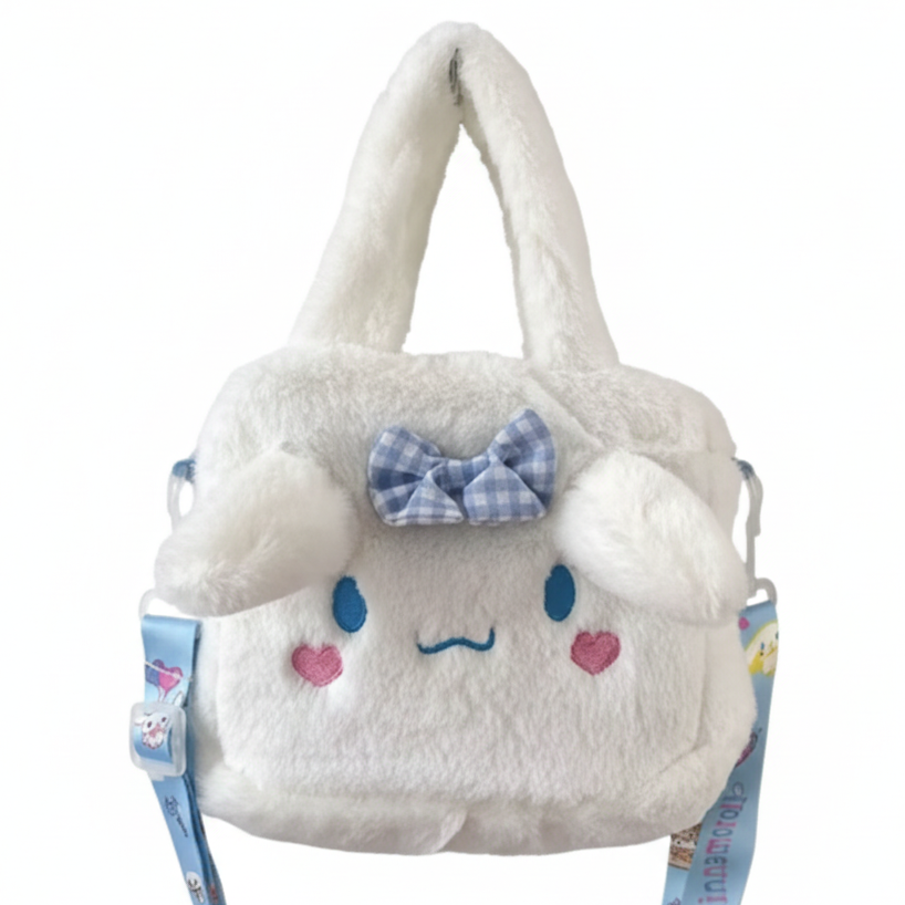 White plush bag with cartoon face and bow tie hanging on a wooden hook.