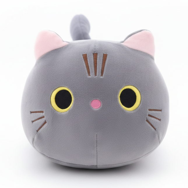 Plush cat-shaped pillow on a surface with a blurred background