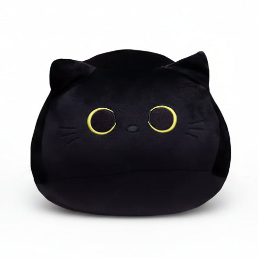 Black cat-shaped plush toy on a white background