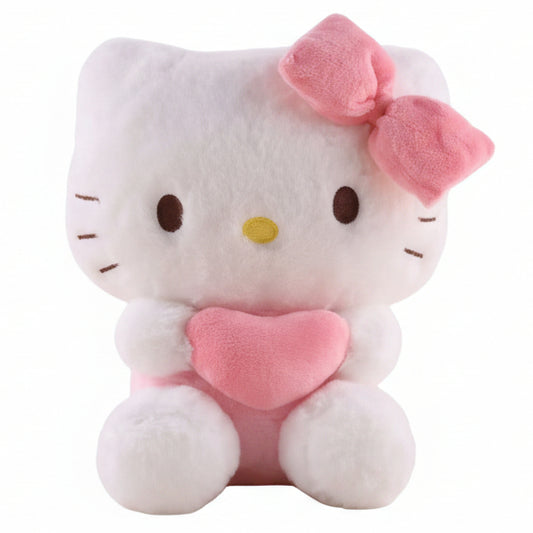 Plush toy of a character with a pink bow and heart on a white background