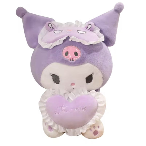 Plush toy with a skull design wearing a purple outfit on a white background