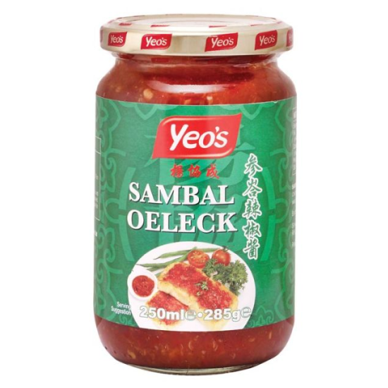 Jar of Yeo's Sambal Oeleck on a white background