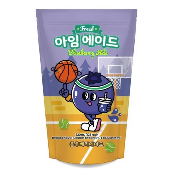Packaging of blueberry-flavored drink with cartoon character holding a basketball and drinking from a cup.
