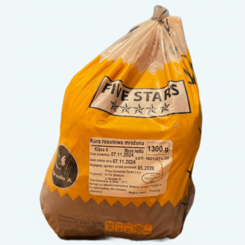 A 1300 g bag of Five Stars Kura Rosolowa Miedzona (chicken and mushroom stew meat) in a yellow and brown plastic packaging, set against a plain light gray background.