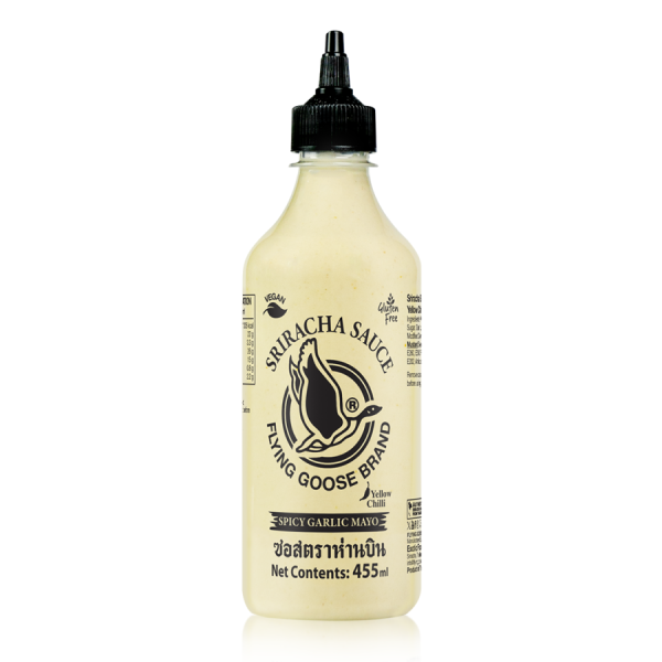 FLYING GOOSE Spicy Sriracha Garlic Mayoo Sauce (Yellow Chili) 455 ml/ FLYING GOOSE pikantā Sriracha ķiploku majonēzes mērce (dzeltenais čili) 455 ml