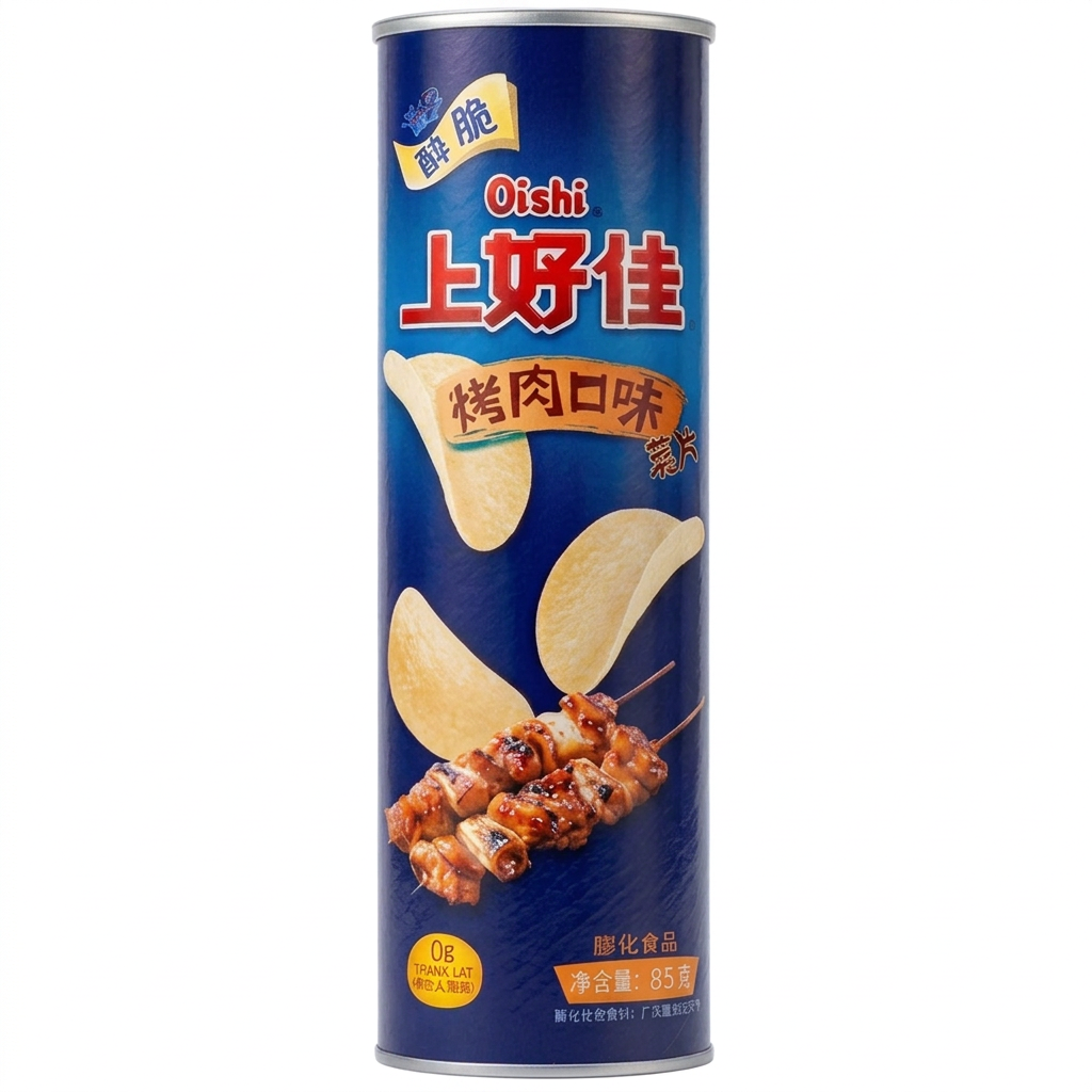 Oishi Grilled Meat Crispy Potato Chips 85g/ Oishi kraukšķīgie kartupeļu čipsi ar grilētas gaļas garšu, 85 g