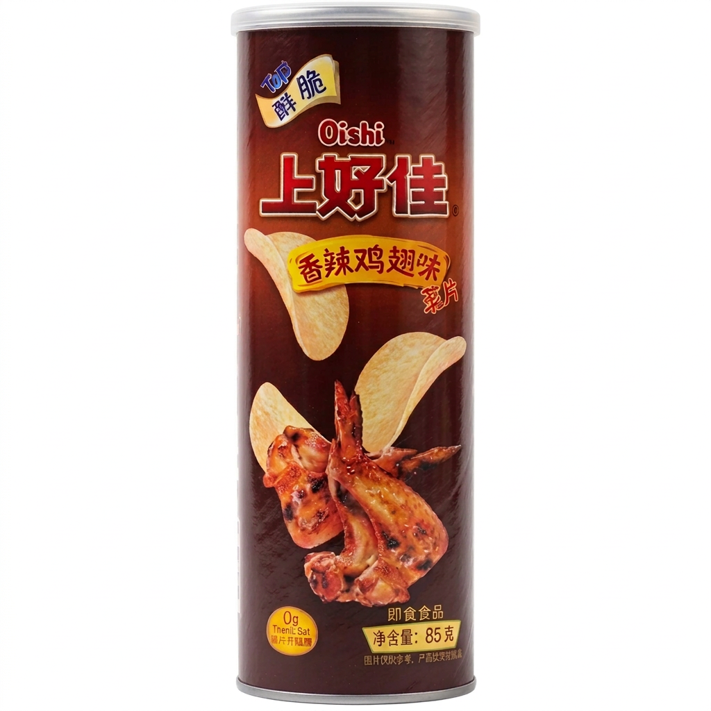 Oishi Spicy Chicken Wing Crispy Potato Chips 85g/ Oishi kartupeļu čipsi ar pikantu vistas spārniņu garšu, 85 g