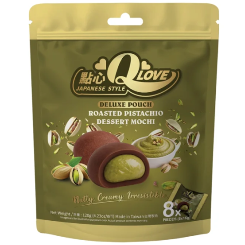 QLove Roasted Pistachio Mochi Deluxe Pouch 120g/ QLove luksusa moči ar grauzdētu pistāciju garšu, 120 g