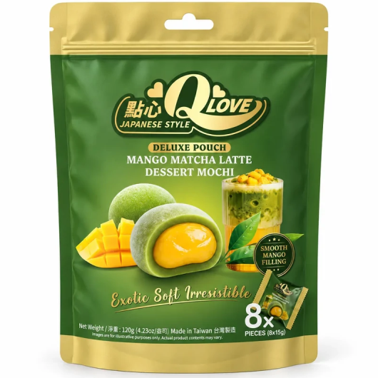 QLove Mango Matcha Mochi Deluxe Pouch 120g/ QLove luksusa moči ar mango un mačas garšu, 120 g
