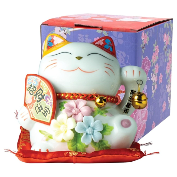 JADE TEMPLE Maneki Neko Porcelain Money Bank with Fan, White/ JADE TEMPLE Maneki Neko porcelāna krājkase ar vēdekli, balta