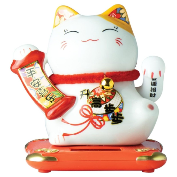 JADE TEMPLE Solar Waving Cat Maneki Neko, White/ JADE TEMPLE saules enerģijas mājošais kaķis Maneki Neko, balts