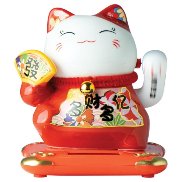 JADE TEMPLE Solar Waving Cat Maneki Neko, Red/ JADE TEMPLE saules enerģijas mājošais kaķis Maneki Neko, sarkans