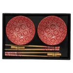 JADE TEMPLE Porcelain Bowl Gift Set for 2, Red/White, with Chopsticks & Rests/ JADE TEMPLE porcelāna bļodiņu dāvanu komplekts 2 personām, sarkans/balts, ar irbulīšiem un paliktņiem