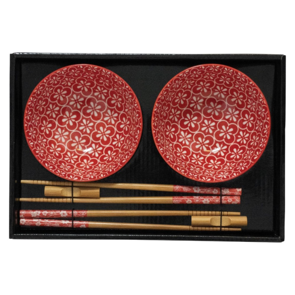 JADE TEMPLE Porcelain Bowl Gift Set for 2, Red/White, with Chopsticks & Rests/ JADE TEMPLE porcelāna bļodiņu dāvanu komplekts 2 personām, sarkans/balts, ar irbulīšiem un paliktņiem