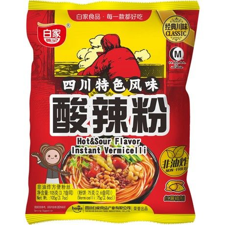 BAIJIA Vermicelli Hot & Sour 105g/ BAIJIA vermicelli asā un skābā garša 105 g FUXING