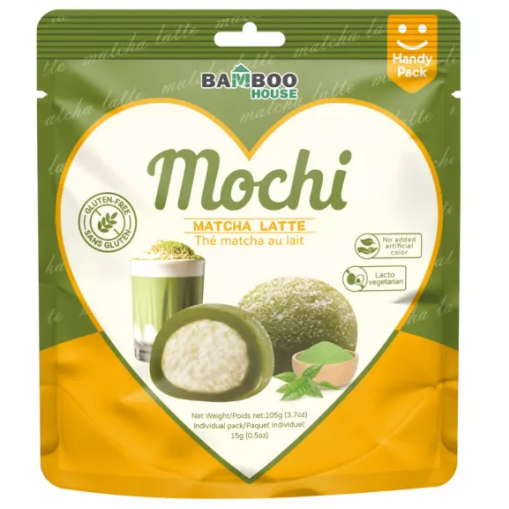 BAMBOO HOUSE Matcha Latte Mochi 105g/ BAMBOO HOUSE matcha latte moči 105g Packaging of Bamboo House Mochi Matcha Latte on a white background