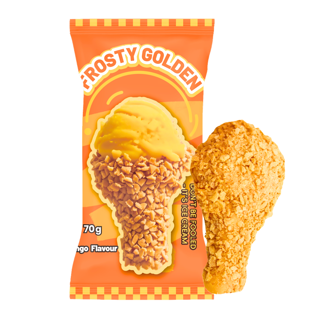 ❄️FROSTY FUN 3D Drumstick Style Mango Ice Cream Vegan 70g/ FROSTY FUN 3D vegānisks saldējums vafeļu konusa stilā ar mango garšu, 70g