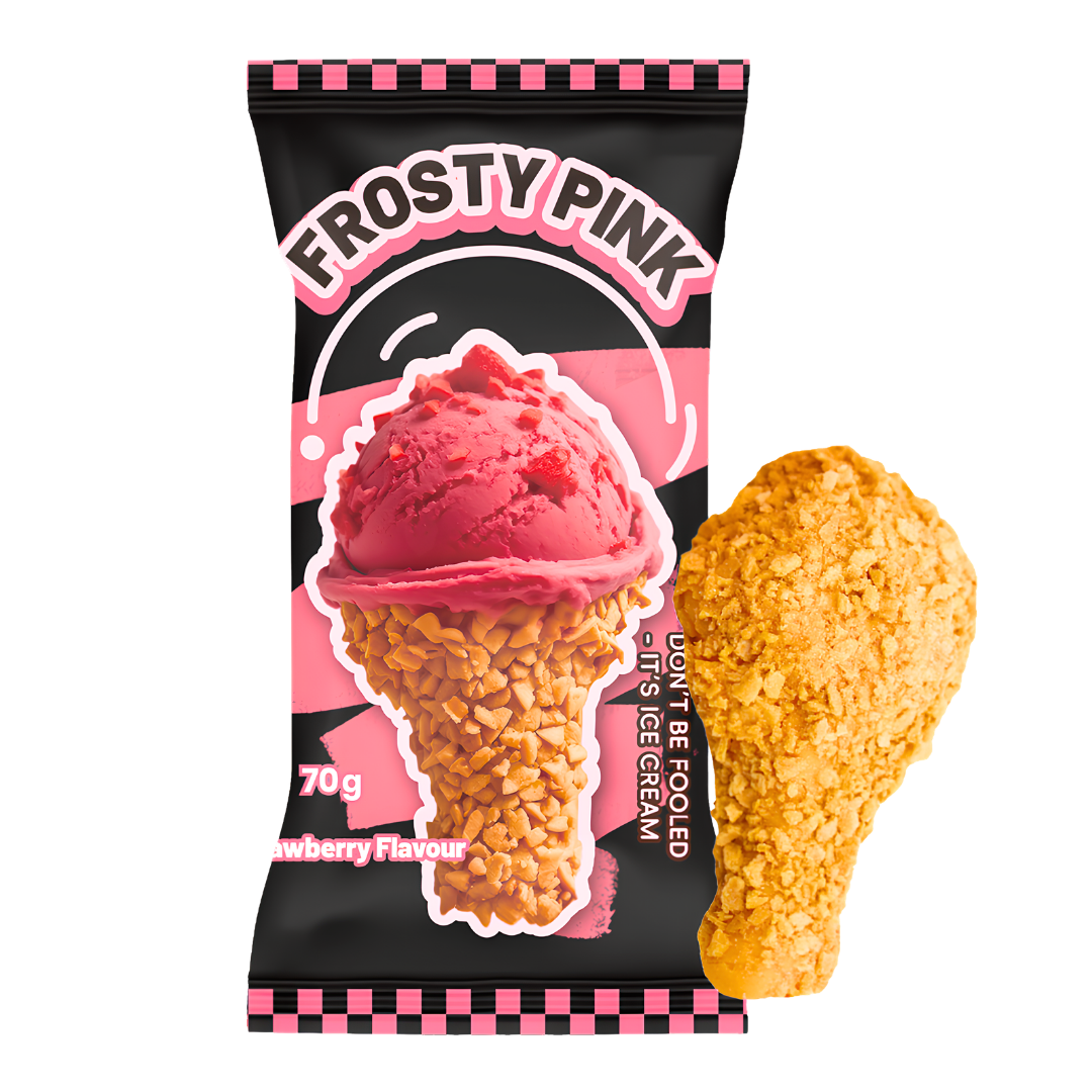 ❄️FROSTY FUN 3D Drumstick Style Strawberry Ice Cream Vegan 70g/❄️ FROSTY FUN 3D vegānisks saldējums vafeļu konusa stilā ar zemeņu garšu, 70g