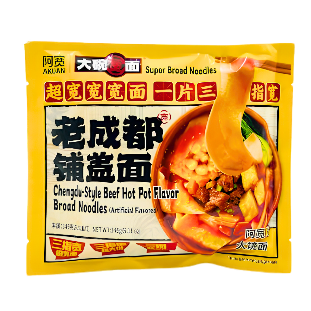 AKUAN Braod Noodles Chengdu-Style Beef Hot Pot Flavour 145,5g/ AKUAN Platās nūdeles ar Čendu liellopa karstā katla garšu 145,5g