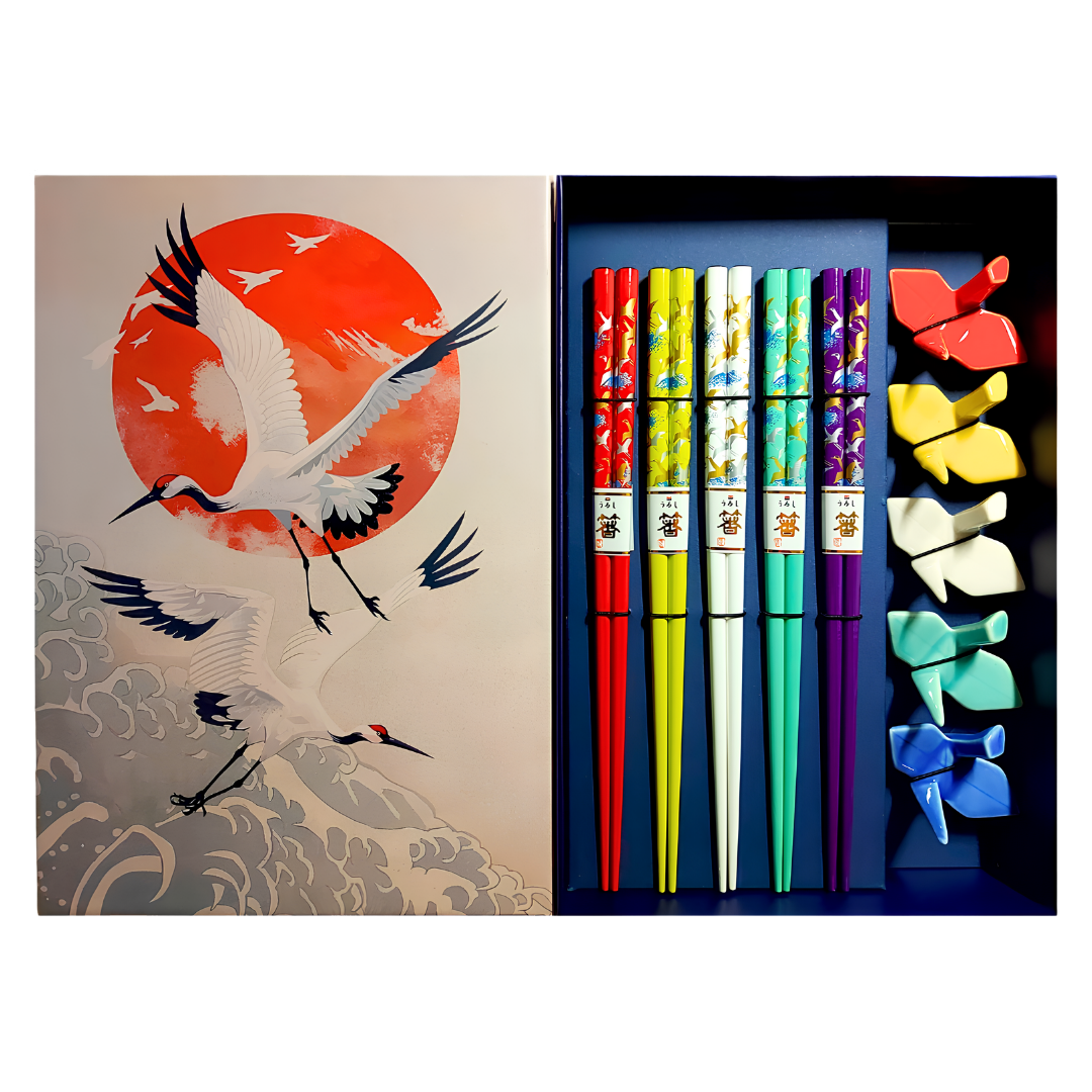 Chopstick Set Ceramic Origami Crane Holder (5 Pairs)