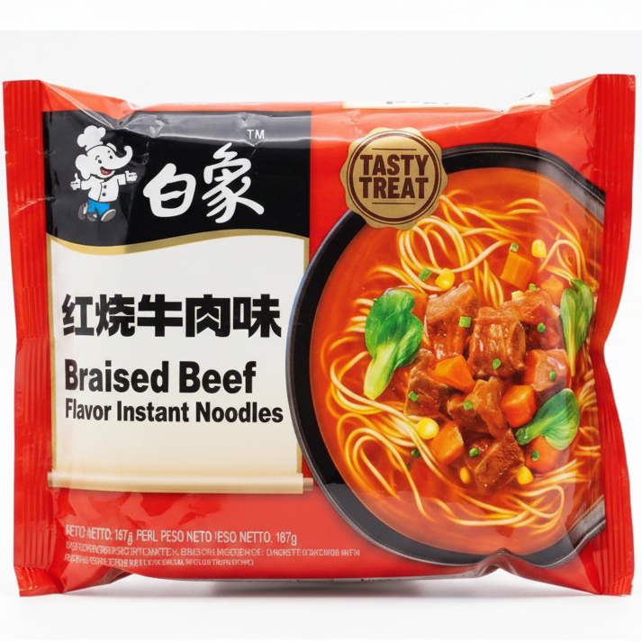 Baixiang Classic Braised Beef Noodle 107g/ Baixiang klasiskās sautētas liellopa gaļas nūdeles 107 g