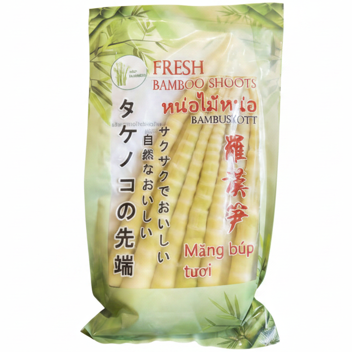 A package of fresh bamboo shoots in a green and white bag with English, Thai, and Vietnamese text, labeled 'FRESH BAMBOO SHOOTS' and 'BAMBUS OTT'.