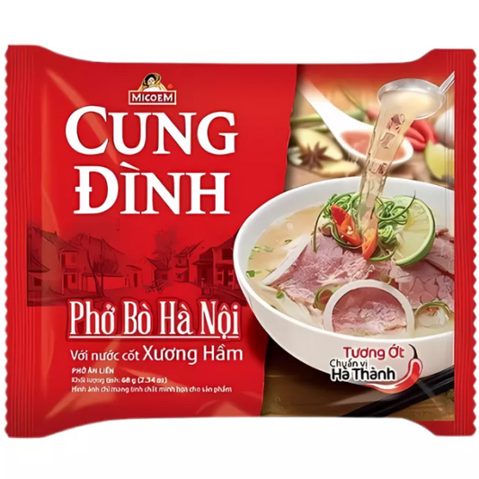 Cung Dinh Pho Bo Ha Noi noodle package with a bowl of soup on a red background