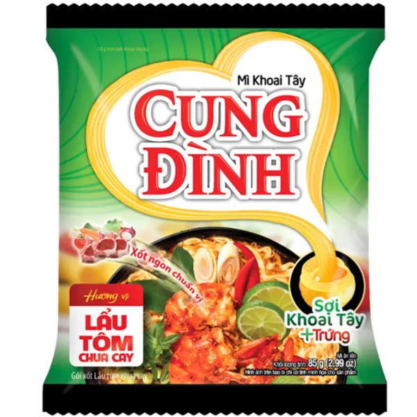 CD Hot & Sour Prawn Flavor Noodle 85g/ CD skābi asu garneļu garšas nūdeles 85g Cung Dinh noodles packaging with a bowl of noodles and ingredients on a white background