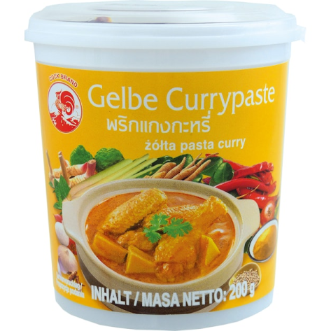 A 200g tub of Somgon Brand Gelbe Currypaste (yellow curry paste) with a white lid and a bright yellow label showing a curry dish and ingredients.