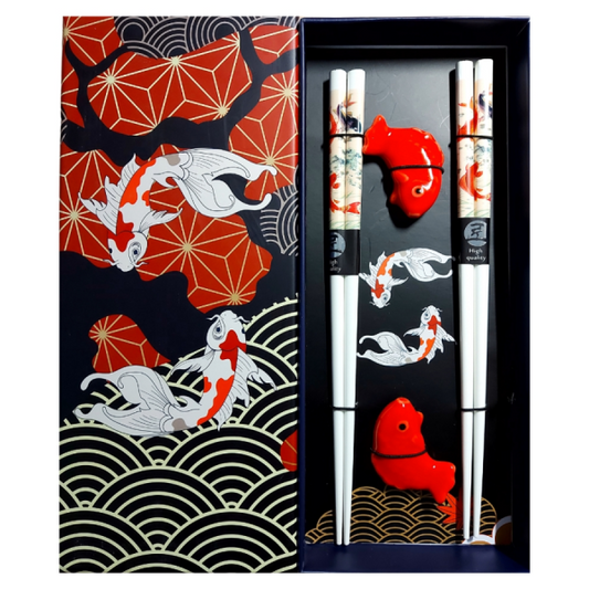 Chopsticks with decorative case featuring koi fish design. Chopstick Set with ceramic fish holder/ Irbulīšu komplekts ar keramikas zivtiņas turētāju