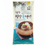 A package of Korean instant noodles, Cheongsu Pyeongyangdumyeon, featuring a bowl of prepared noodle soup on the front of the packaging, set against a plain white background.