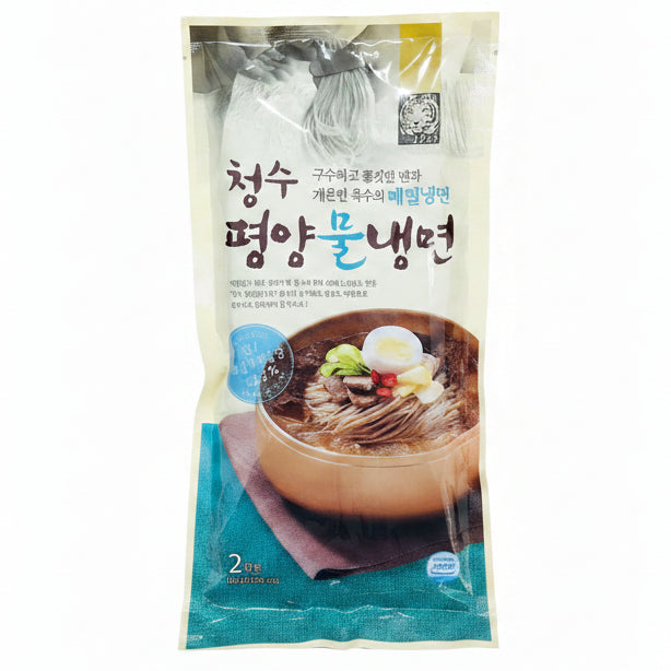 A package of Korean instant noodles, Cheongsu Pyeongyangdumyeon, featuring a bowl of prepared noodle soup on the front of the packaging, set against a plain white background.