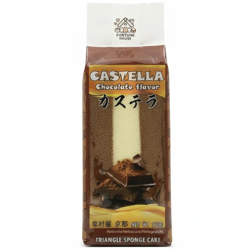 Fortune House Castello Chocolate Flavor Triangle Sponge Cake in its original retail packaging, featuring a brown and beige sponge cake illustration on a white background.