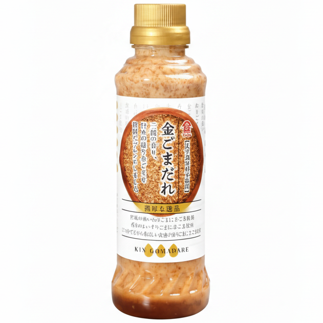 Bottle of Japanese condiment with a gold cap on a white background