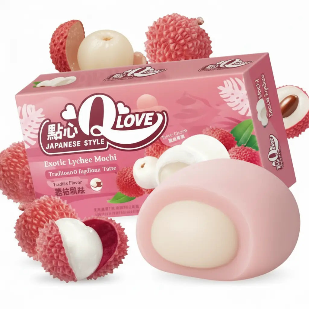 QLove Exotic Lychee Mini Mochi 80g/ QLove eksotiskie ličī mini moči 80g - Oishii Asian Mart