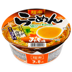 A cup of Mendoabu Japanese Ramen Miso instant noodles on a plain white background. The packaging features a vibrant orange and brown design with bold black Japanese text, a graphic of the prepared ramen with a spoonful of thick orange miso soup, and a barcode on the front.